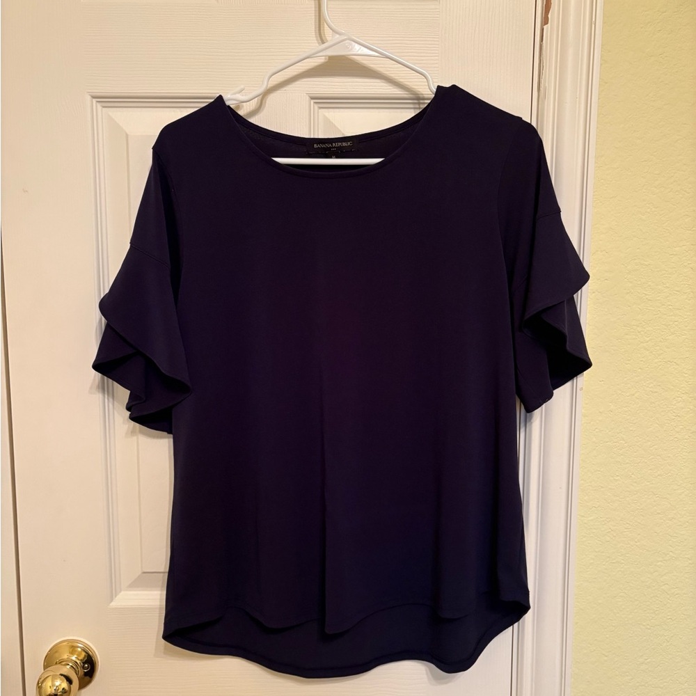 Navy Blue Ruffled Short Sleeve Blouse